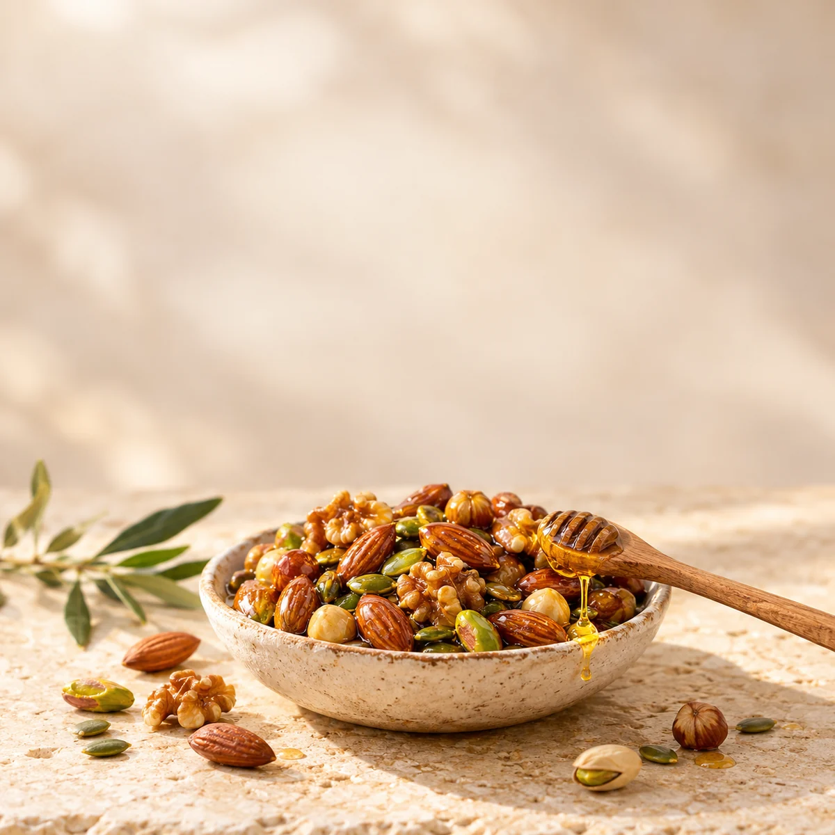 مكسرات بالعسل في صحن فخاري