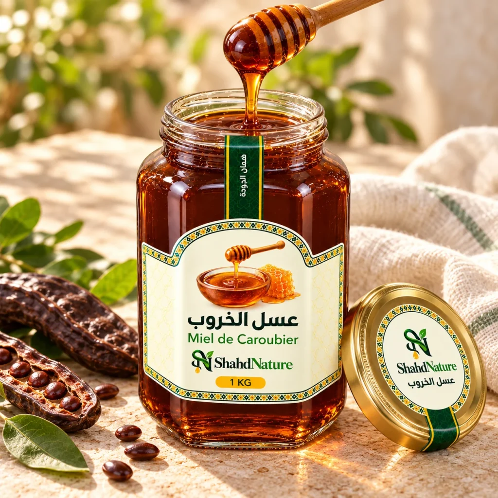 عسل الخروب - 1 كغ — برطمان مفتوح وقوام المنتج
