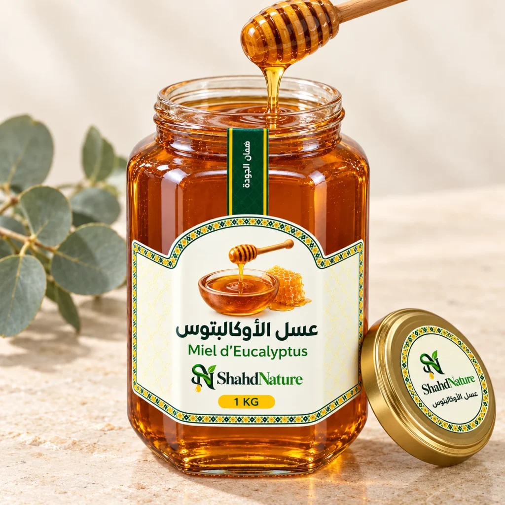 عسل الكاليتوس - 1 كغ — برطمان مفتوح وقوام المنتج