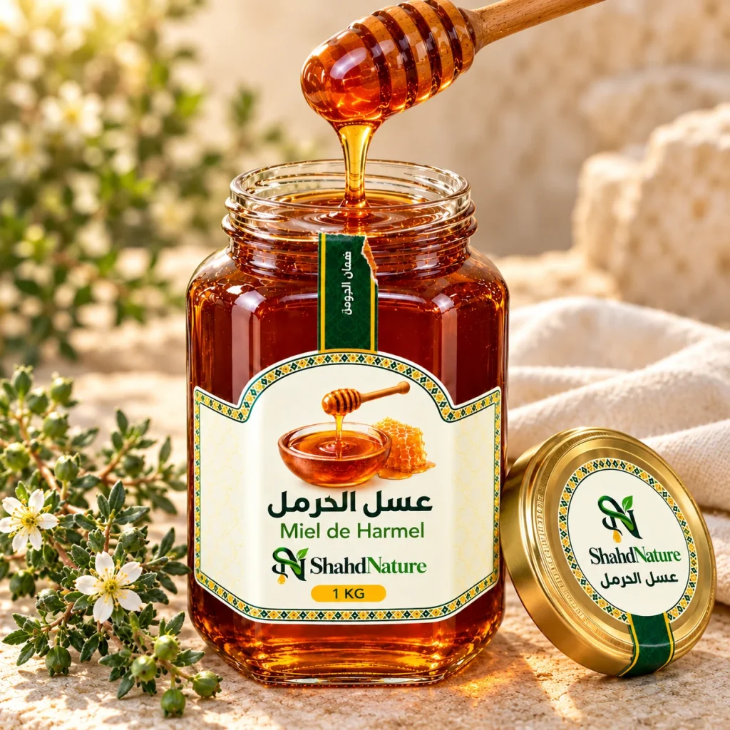 عسل الحرمل - 1 كغ — برطمان مفتوح وقوام المنتج