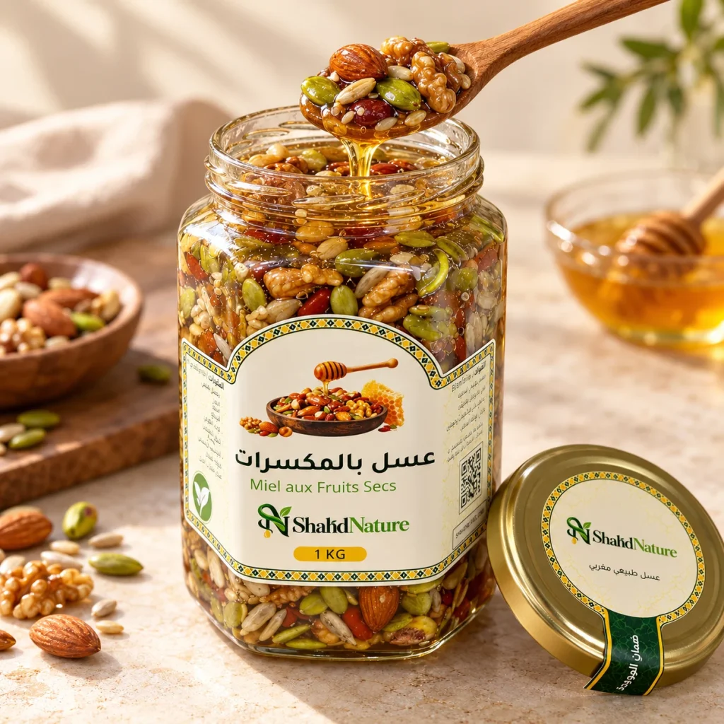 عسل بالمكسرات - 1 كغ — برطمان مفتوح وقوام المنتج