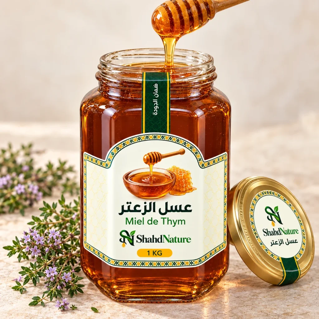 عسل الزعتر - 1 كغ — برطمان مفتوح وقوام المنتج